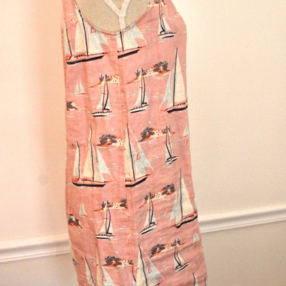 St. Tropez 100% Linen Pink White Sailboat Print Sleeveless Dress XS - Picture 8 of 14